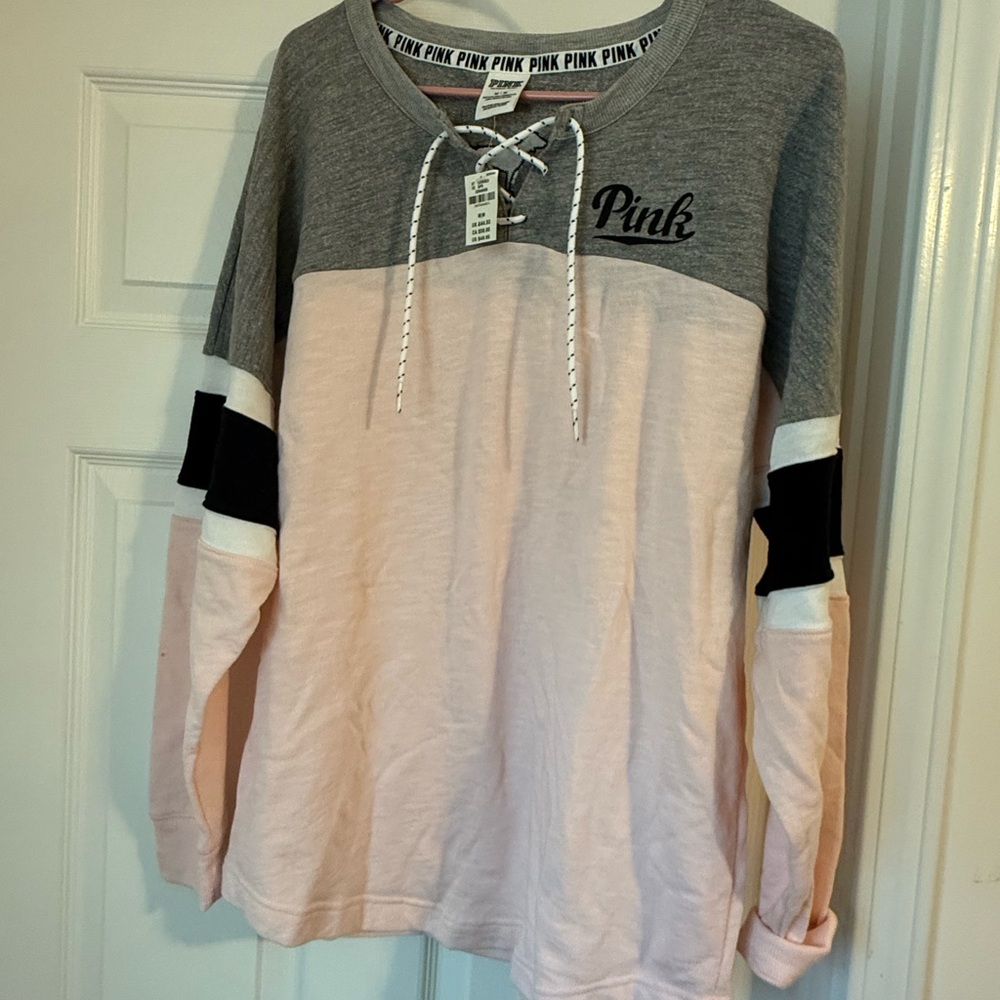 Victoria's Secret PINK Gray and Pink Lace-Up Sweatshirt